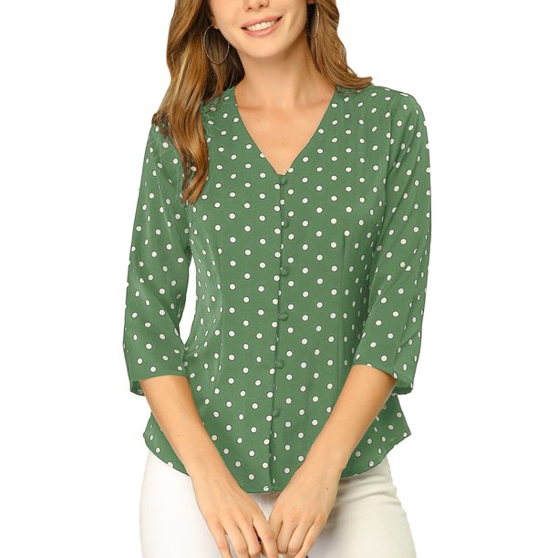 INSPIRE CHIC Blusa de Mujer para Regreso a Clases Cuello en V Mangas 3/4 Estampado de Corazones y Lunares Botones al Frente Verde Oliva XL