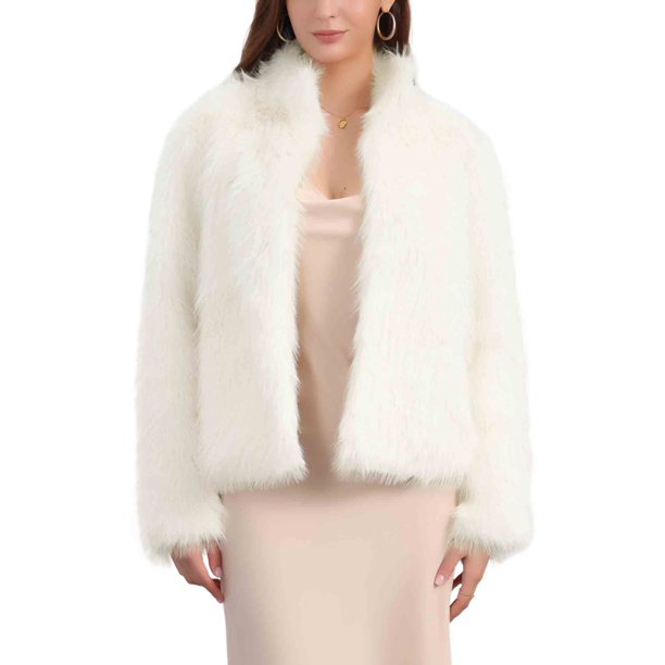 INSPIRE CHIC Chaqueta Recortada de Forro Polar para Mujer 2024 Manga Larga de Piel Sintética con Bolsillos Abrigo de Invierno Cálido y Peludo S Albaricoque