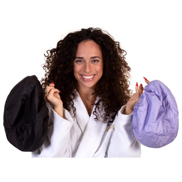 2 Gorras de ducha premium para mujer - más de 500 duchas, 100 % impermeable, doble cara, para cabello largo y excelente para rizos (anti‑frizz) (negro y morado)