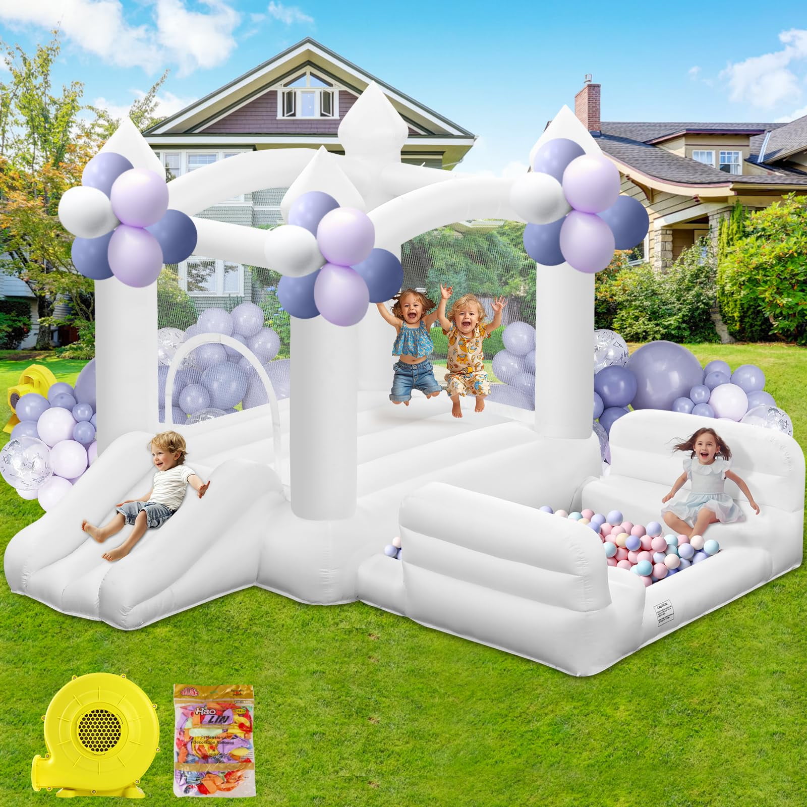 Casa De Rebote Gymmall Blanca Para Niños De 3 A 8 Años Con Piscina De Bolas Y Tobogán