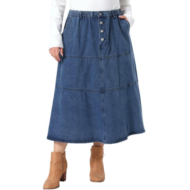 Falda de mezclilla elástica con botones al frente, casual, en línea A, con volantes y bolsillos laterales para mujer de talla grande de Agnes Orinda, talla 4X, azul grisáceo