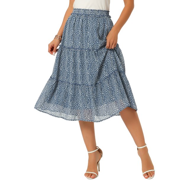 Falda de Lunares con Volantes en Capas de Cintura Alta Elástica Casual Flowy A-Line de Playa de Verano hasta la Rodilla para Mujer INSPIRE CHIC L Azul