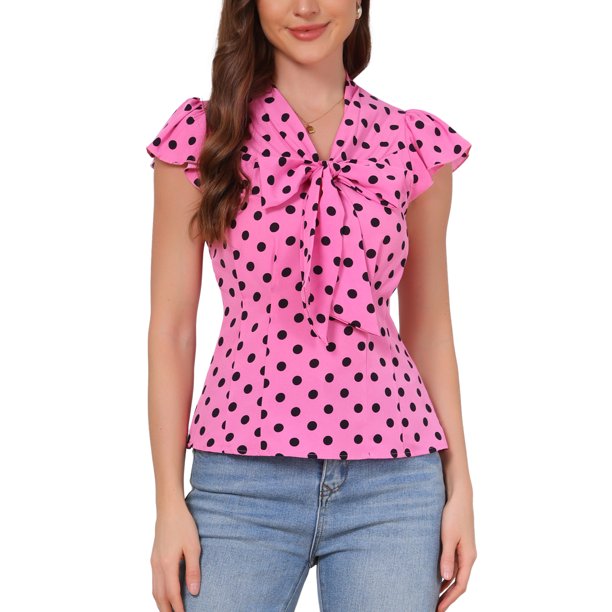 INSPIRE CHIC Blusa de Mujer para Regreso a Clases Lunares Lazo Cuello Volantes Manga Corta para Trabajar Talla S Rosa Claro