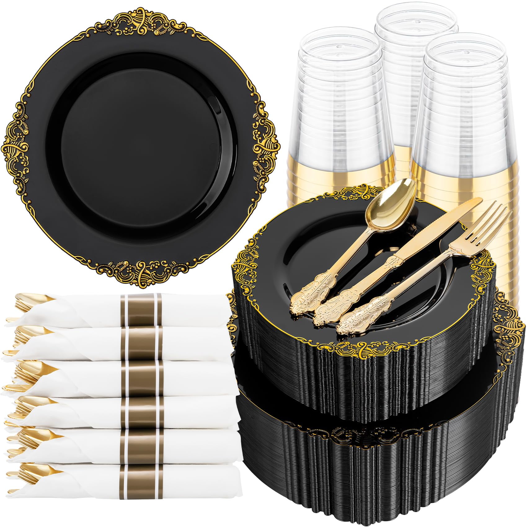 Juego De Vajilla Desechable Hioasis Negro/dorado, 350 Piezas, 50 Invitados
