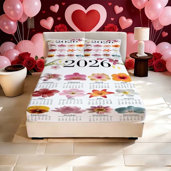 2026 Flower Theme Calendar Printed Bed Fitted Sheet Fitted Sheet Set a Must-Have for Family Guest Rooms Deep Pockets Are Stable And Do Not Shift Making It The P