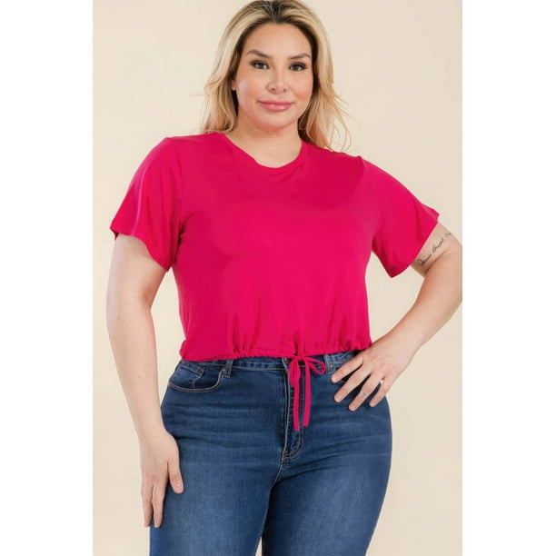 Saronite Top Corto Básico de Manga Corta con Lazo Delantero, Fucsia (Talla Grande para Mujer)