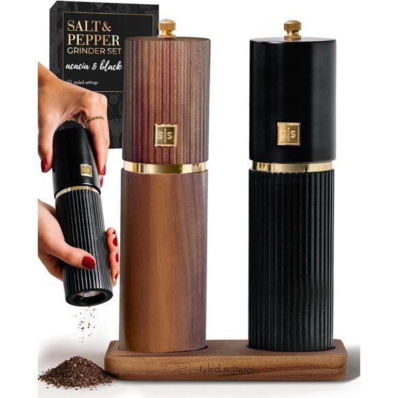 Styled Settings Wooden Salt and Pepper Grinder Set, Black and Dark Wood