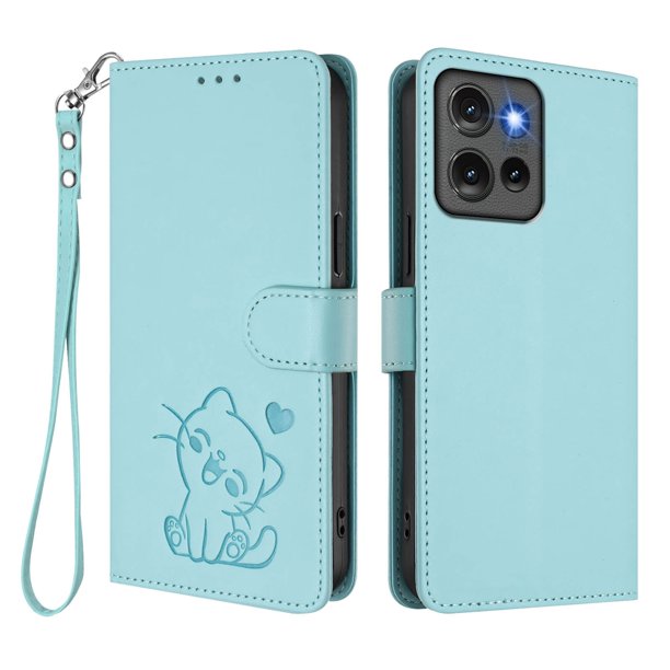 Funda Billetera con Relieve de Gato para Motorola Edge 50 5G, Verde Claro