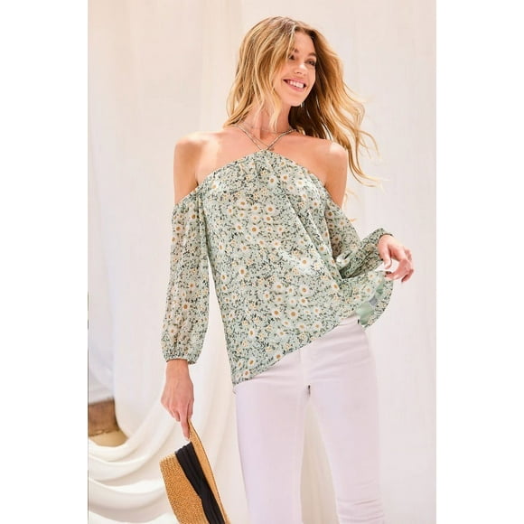 Top con Cuello Halter, Tirantes y Mangas Globo con Estampado Floral Color Espuma de Mar ' M