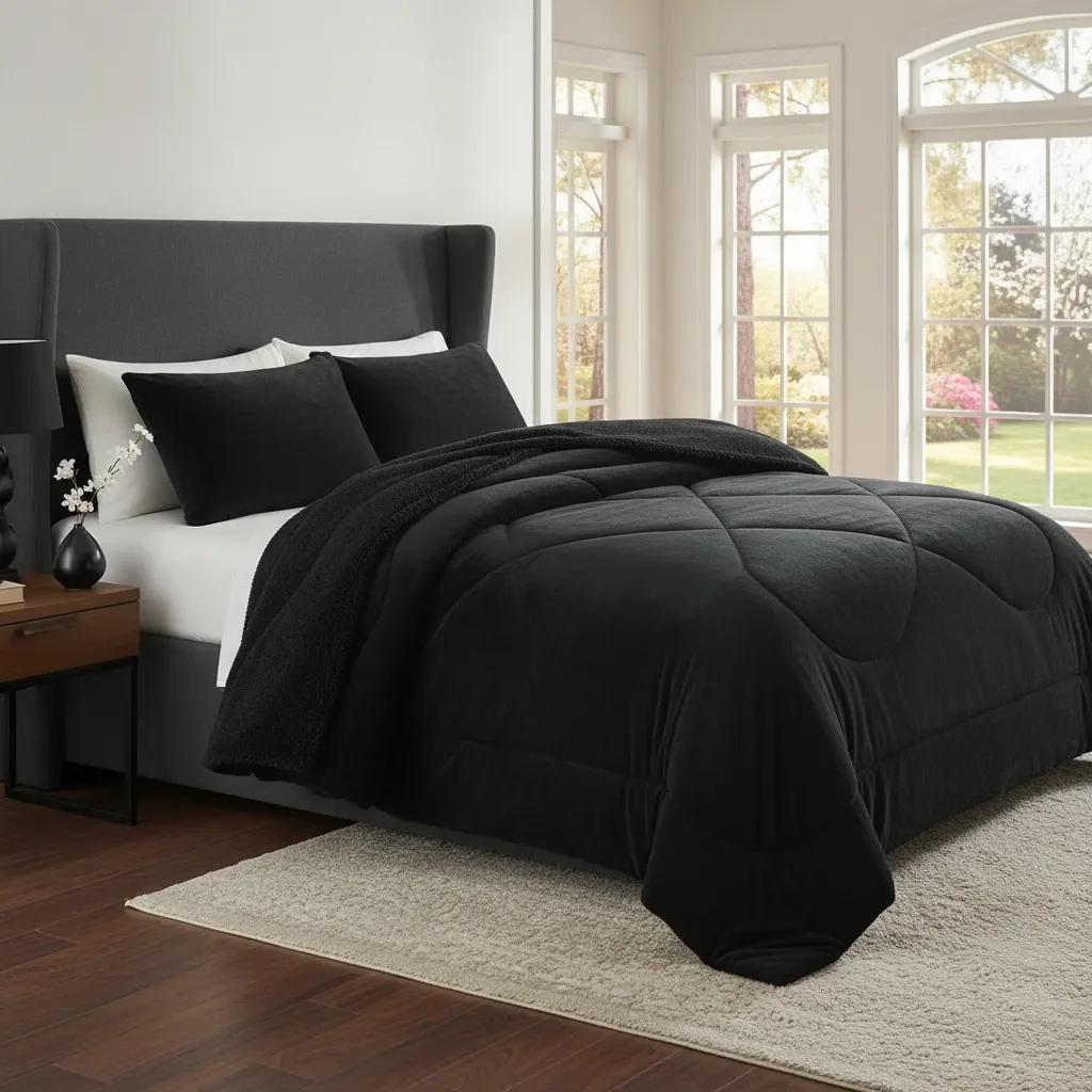 Casadeliacl - Cobertor Cubrecama Con Chiporro 2 Plazas Liso Negro Liso