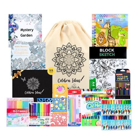 Celebra Ideas - Set De Arte Kit De Dibujo Pintar Lápices Colores Pastel 88 Pcs