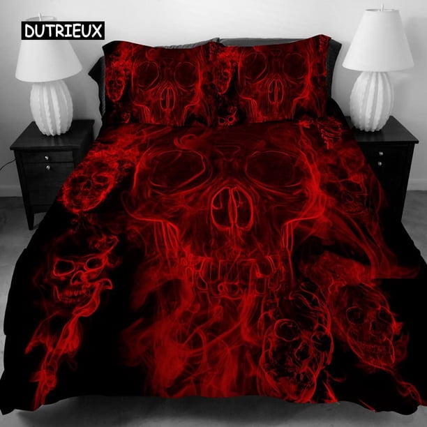 x1058 Bed Sheets PCS Duvet Cover Set with Zipper Closure,Black Red Skull Pattern Printed, Size Bedding Set Comforter Protector Pillowcases 3-Piece Bedding Set (1 Duvet Cover + 2 Pillow Shams) nj1058