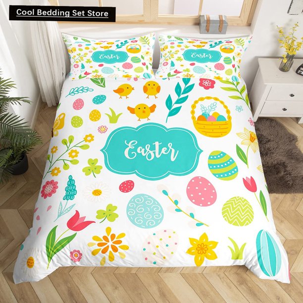 x1922 Bed SheetsWatercolor Easter Eggs Bedding Set Happy Easter Themed Duvet Cover Toddlers Rainbow Easter Egg Polyester Quilt Cover 3-Piece Bedding Set (1 Duvet Cover + 2 Pillow Shams) nj1922