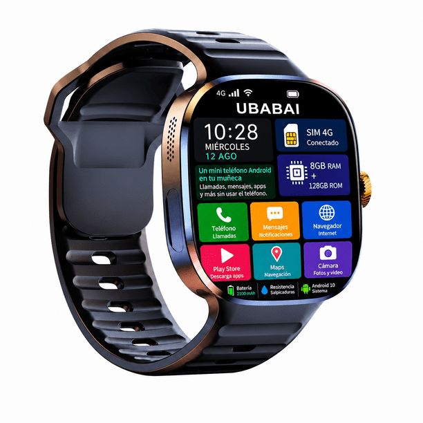 Reloj Inteligente UBABAI Android 10 con SIM 4G LTE, Pantalla AMOLED 2.4", GPS, WiFi y Cámara Giratoria 9MP 8 GB + 128 GB