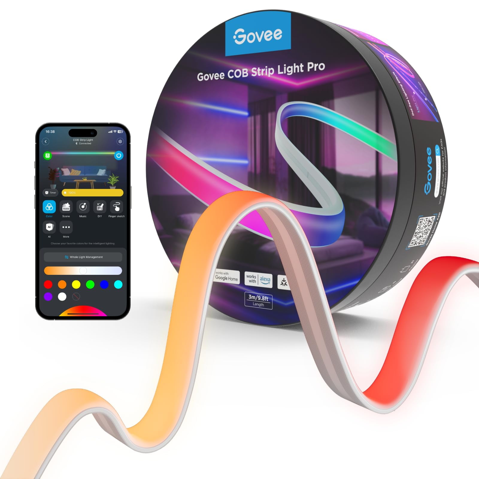 Tira De Luces Led Govee Cob Pro Rgbicw De 9,8 Pies Con Control Inteligente