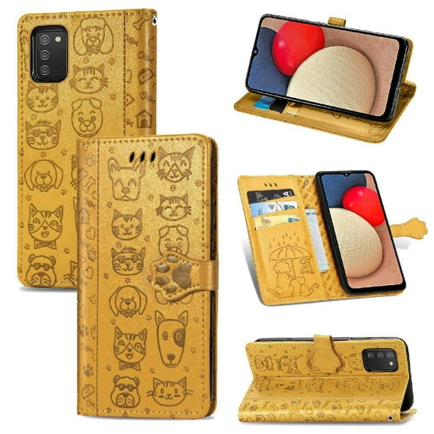 Funda Cartera FOXDOCK para Samsung Galaxy A02S , Flip PU con Relieve de Gatos y Perros, Tarjetero y Soporte