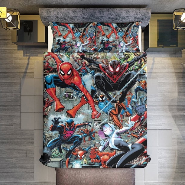 Spider-Verse 3 Piece Sets Full/Queen Size - Reversible Microfiber Quilts with 2 Shams Soft Lightweight Bedspread Coverlet Comforter for All Season Bed Sheets