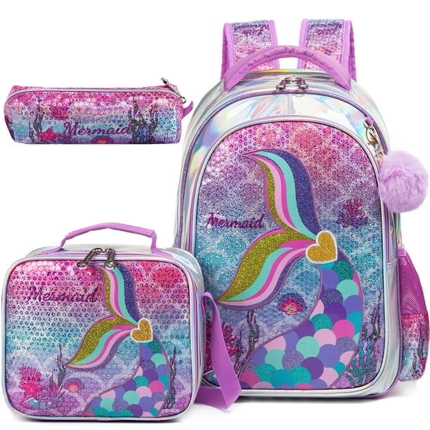 Meetbelify Mermaid Backpack for Girls Backpack with Lunch Box Set for Elementary Student Kids School Bag for Girls Ages 5-8Year