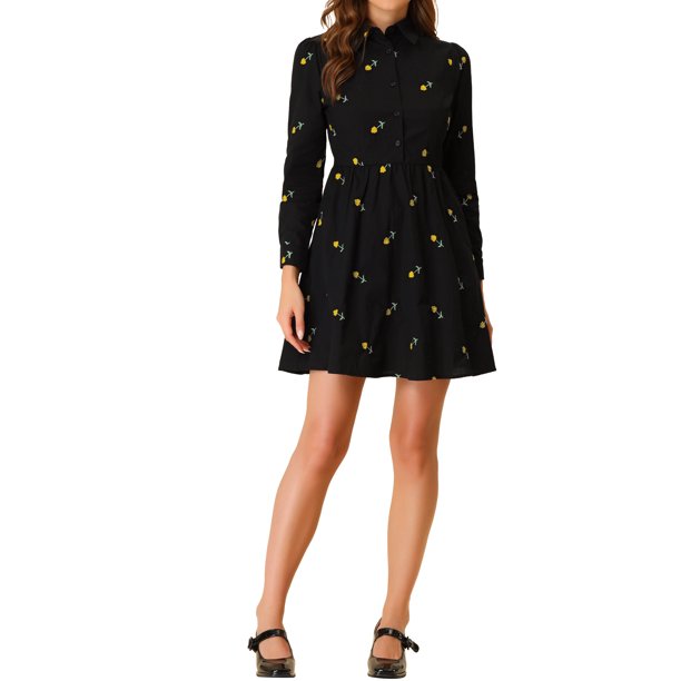 INSPIRE CHIC Vestido de Mujer Regreso a Clases Mangas Largas Cuello Vuelto Botón Floral Mini Vestido Camisero Negro XS