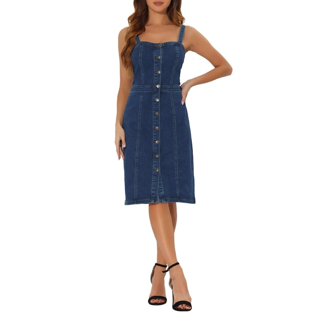 INSPIRE CHIC Vestidos de Mezclilla para Mujer Regreso a Clases Abotonado Sin Mangas Escote Corazón Midi Vestido de Jean Azul Oscuro XS