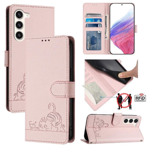 Funda tipo cartera FOXDOCK para Samsung Galaxy S23 con soporte, ranuras, RFID, diseño de gato