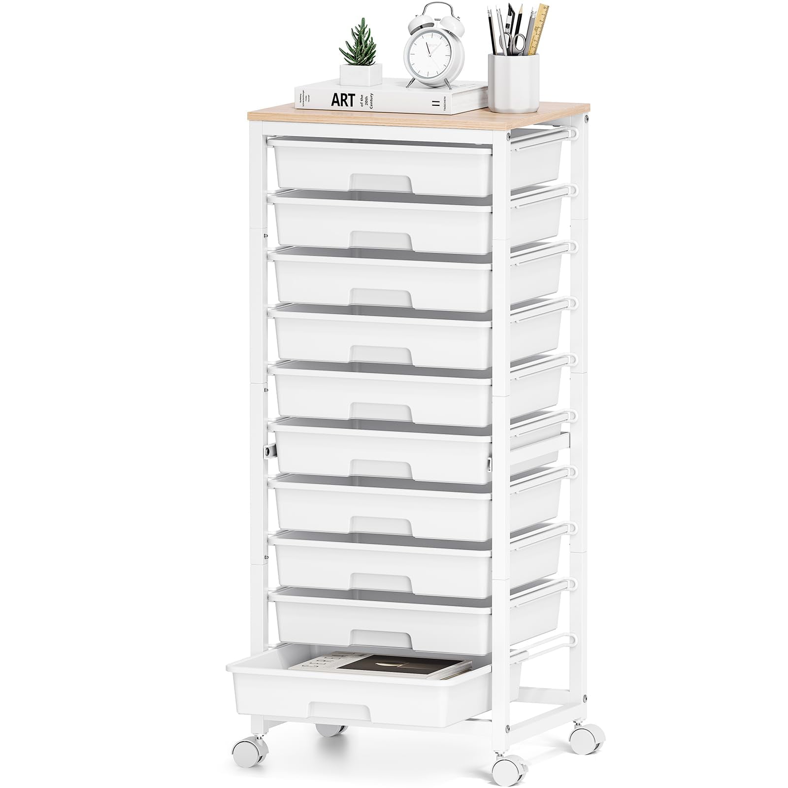 Carrito Rodante Sykiariol De 10 Cajones Con Cubierta De Madera, Blanco