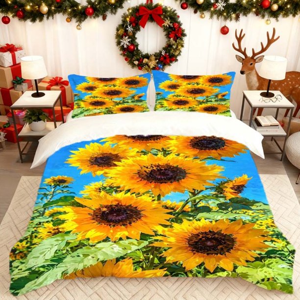 Sunflower Blooming Printed Duvet Cover Set Printed Bedding Soft Duvet Cover And Two Pillowcases Suitable for All Seasons Ideal for Family Bedrooms And Guest Roo