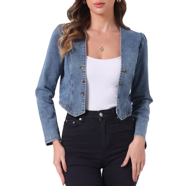 INSPIRE CHIC Chaqueta Vaquera Recortada para Mujer Abierta sin Cuello Casual Bolero Shrug XS Azul Polvoriento