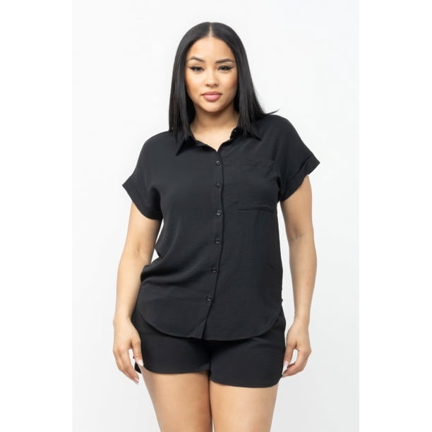 Conjunto De Camiseta Holgada De Manga Corta Con Bolsillos Y Botones Y Shorts Con Cintura Elástica Y Bolsillos Laterales Color Negro (para Mujer)