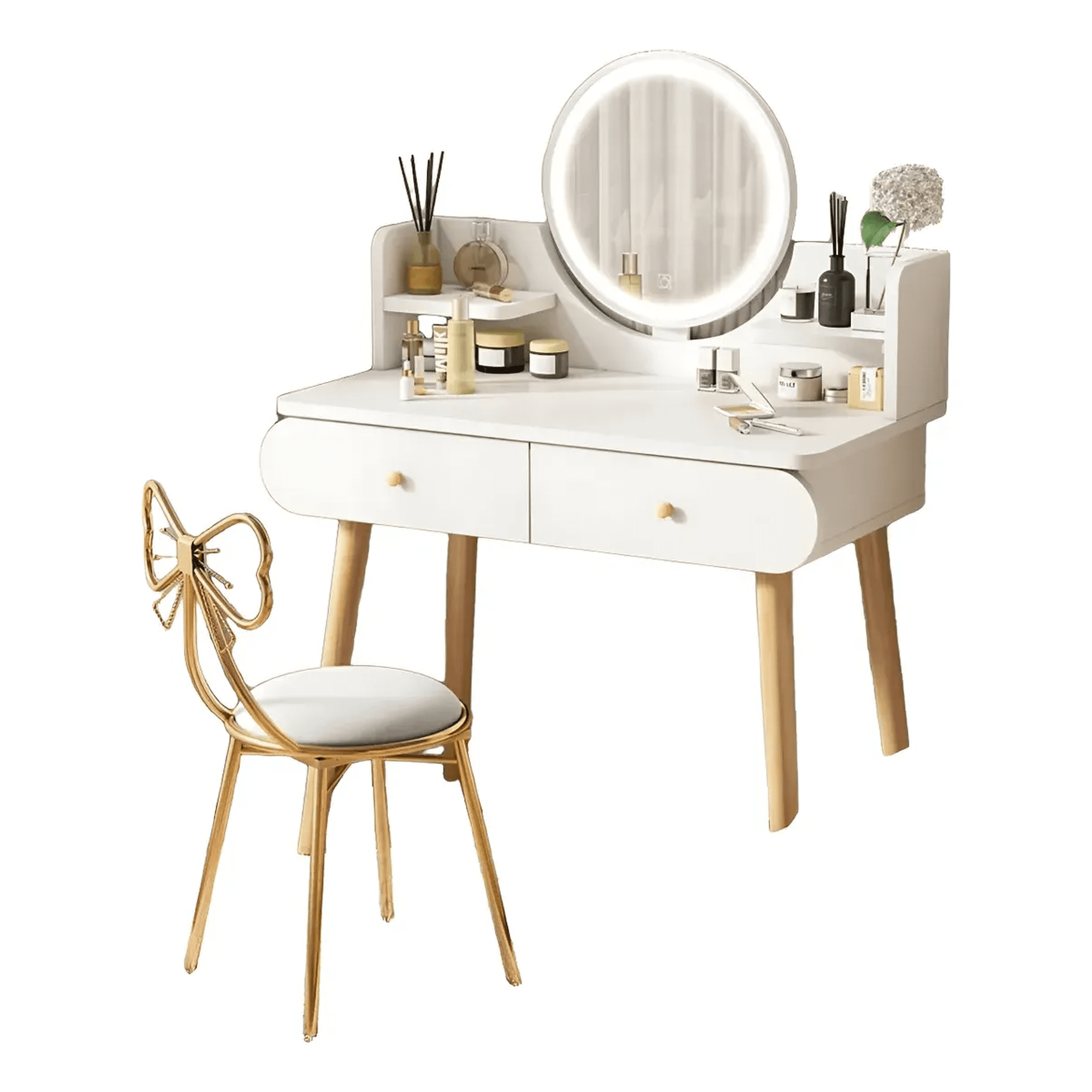 Movi - Tocador Blanco Con Espejo Redondo Taburete Y 2 Cajones