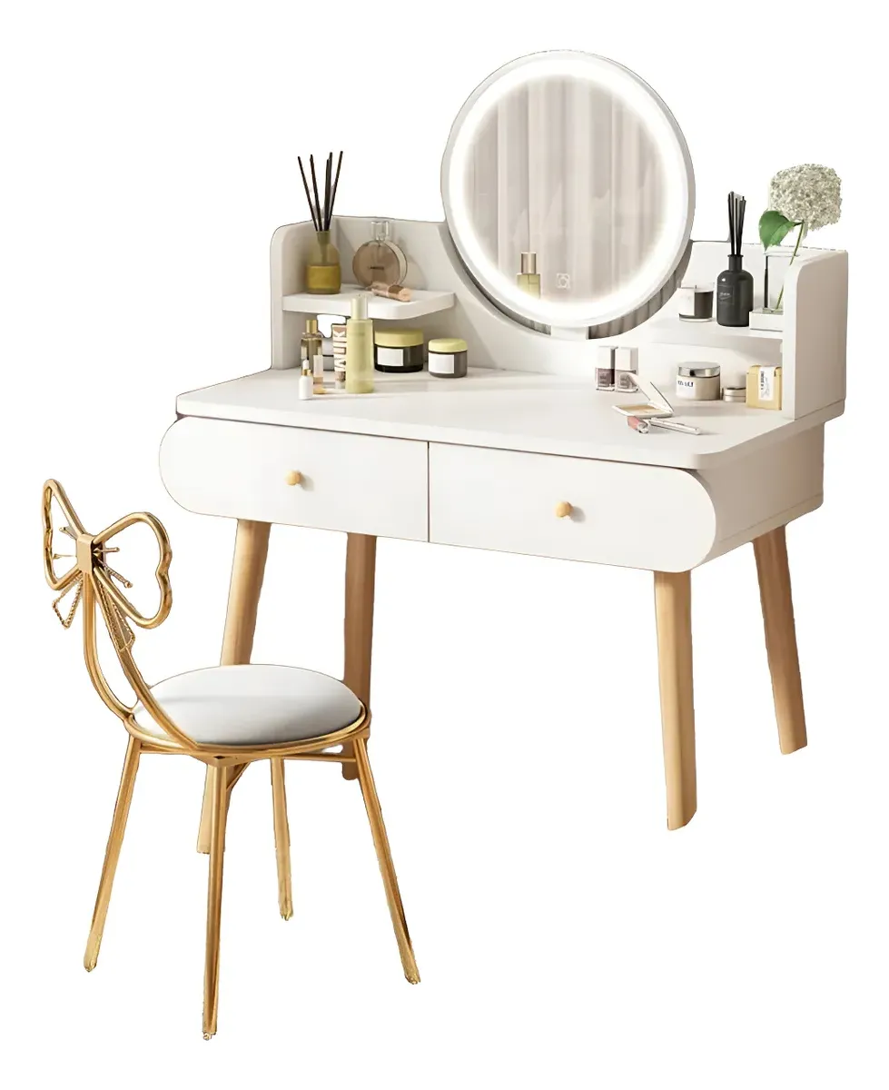 Movi - Tocador Blanco Con Espejo Redondo, Taburete Y 2 Cajones