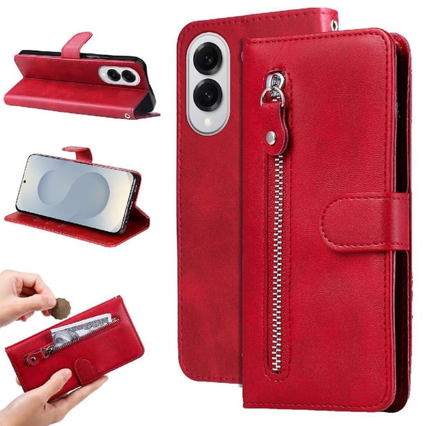Funda tipo cartera para Samsung Galaxy S25 Edge con bolsillo con cremallera y ranuras para tarjetas – Función de soporte Rojo