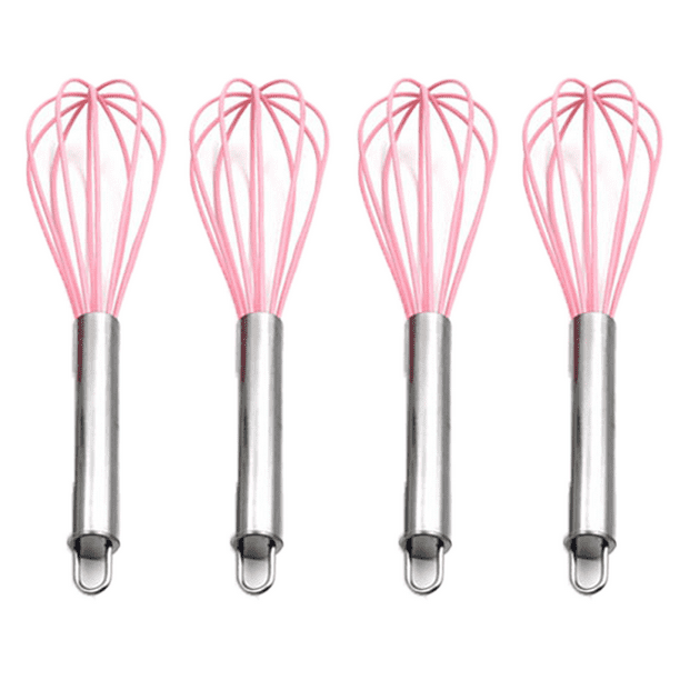 Paquete de 4 mini batidores de silicona de colores para cocina con mangos de acero inoxidable para mezclar leche, huevos y revolver.
