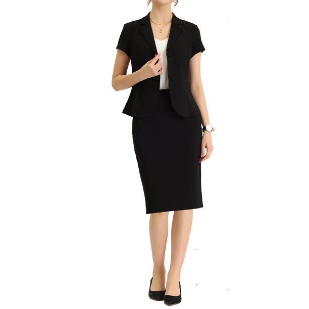 INSPIRE CHIC Traje de Negocios para Mujeres de 2 Piezas Conjunto de Atuendo para Maestras de Regreso a Clases Chaqueta Blazer de Manga Corta y Falda Lápiz XL Negro