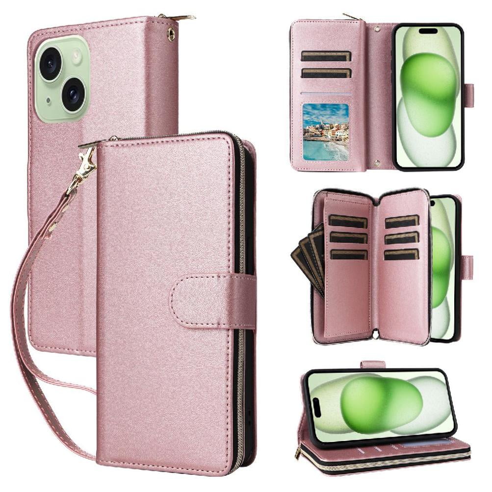 Foxdock - Funda Cartera Con Cremallera Y Correa Para Iphone 14 Plus Soporte Y Tarjetero Oro Rosa