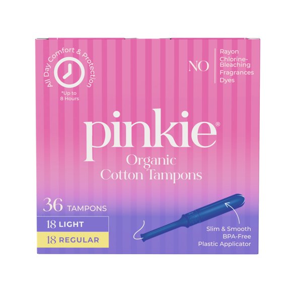 Tampones Pinkie de algodón orgánico, flujo ligero y regular, 36 unidades
