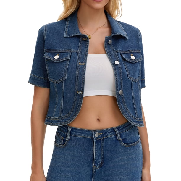 INSPIRE CHIC Chaquetas de Mezclilla de Manga Corta para Mujer, Chaqueta Clásica de Jean con Botones y Bolsillos, Talla 2XL Azul