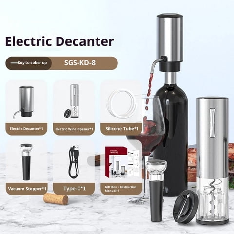 Xusx111 - Conjunto De Regalo De Abridor De Vino De Acero Inoxidable Recargable Conjunto De Regalo De Abridor De Vino Recargable Y Manual Vertedores De Aerador De Vino, Tapón De Vino Al Vacío Plata