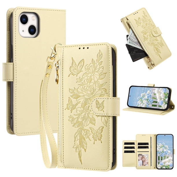 Funda Billetera Floral en Relieve iphone15 con Tarjetero y Cremallera Blanco