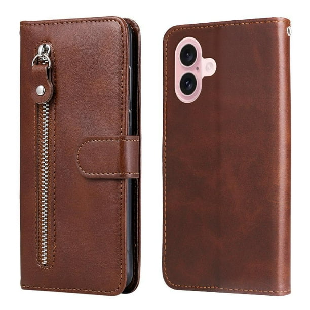 Funda con Cremallera para iPhone 16 Plus, Carcasa Cartera de Cuero PU con Soporte y Tarjetero
