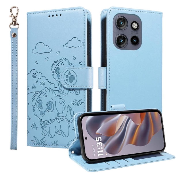 Funda Cartera para Motorola Edge 50 Neo 5G Perro Cachorro Grabado con Tarjetas Soporte Correa Azul