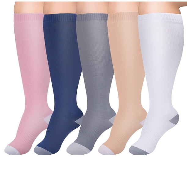5 pares de calcetines de compresión de talla grande para mujeres y hombres, pantorrilla ancha, soporte extra hasta la rodilla para la circulación - Estilo 1