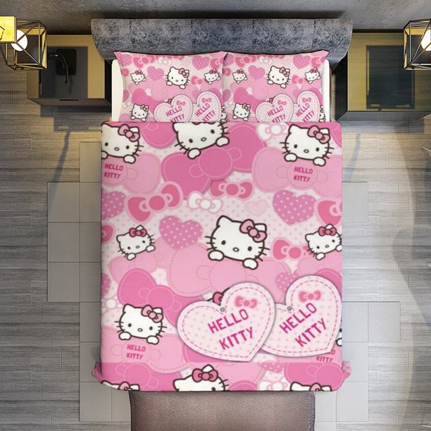 Cartoon Hello Kitty Bow 3 Pieces Duvet Cover Set Full Size Super Soft Fade Resistant Microfiber