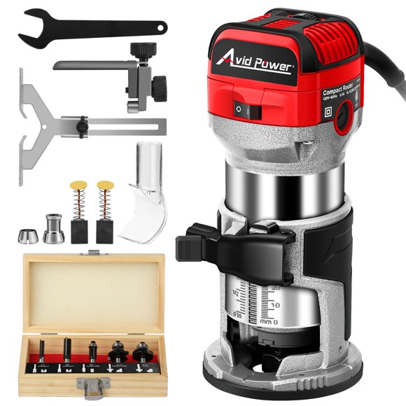 Enrutador compacto AVID POWER de 1,25 HP y 6,5 A con brocas y guías