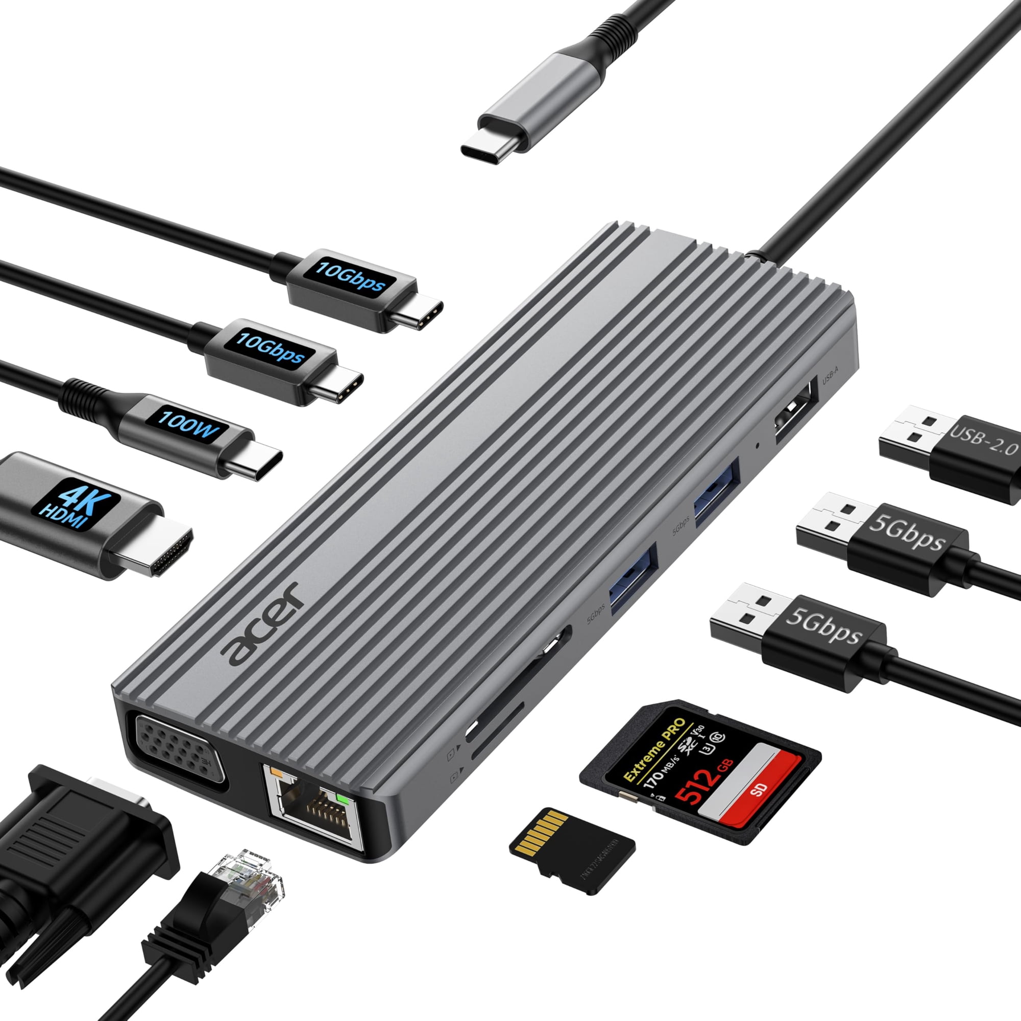 Hub Usb-c 11 En 1 Acer Con Hdmi 4k Y Pd 100w Ethernet