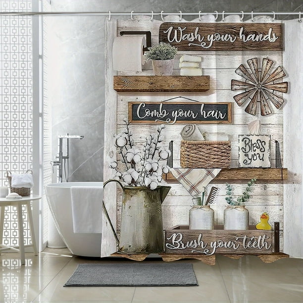 1pc Country Retro Flower Shower Curtain - Farmhouse Bathroom Decor with Waterproof Polyester Fabric and Hooks - 70.87inch x 70.87inch
