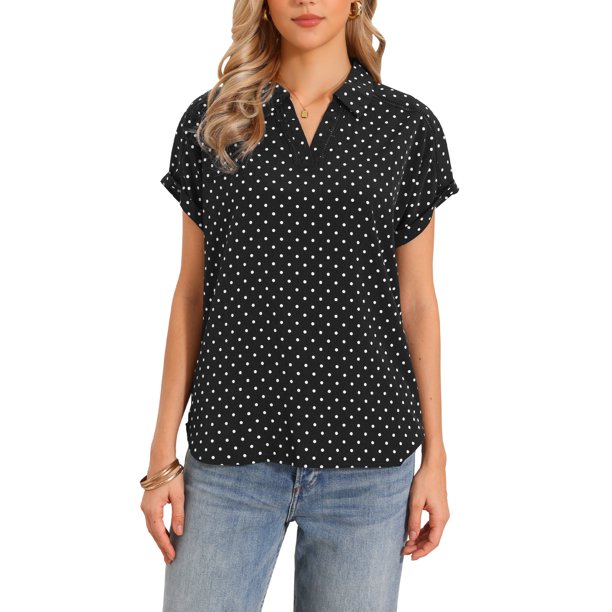 Blusas de Manga Corta para Mujeres Casual de Negocios con Estampado de Lunares Cuello en V Tops de Oficina S Negro