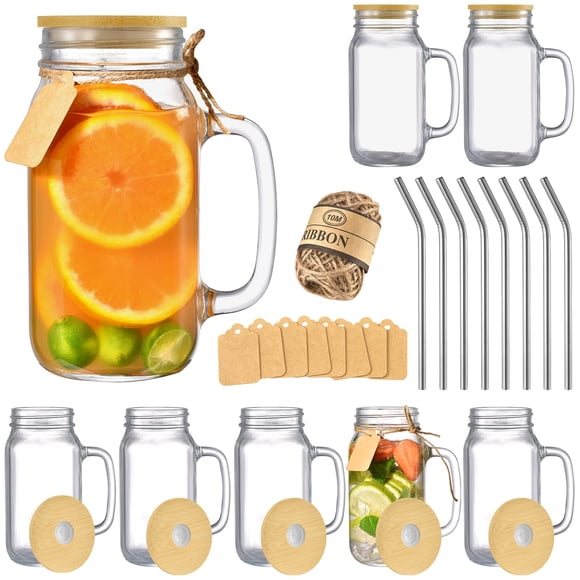 Set de Tazas Tipo Mason TANGLONG 700 ml de Vidrio con Tapa y Pajilla x8