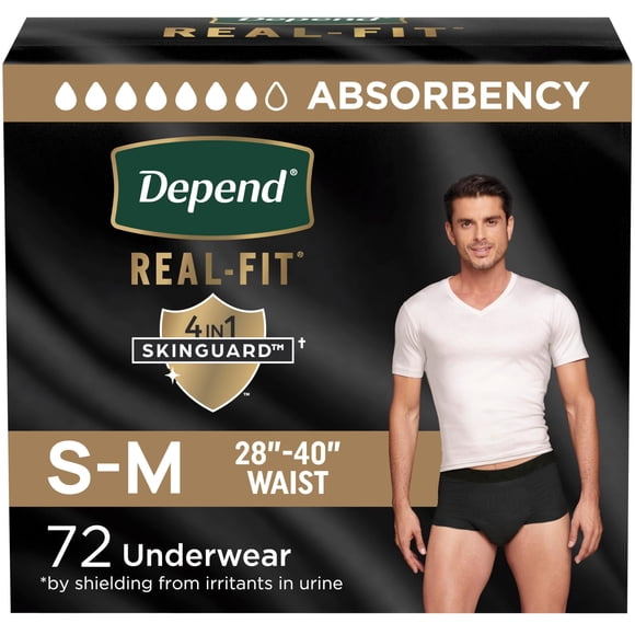Pañales para adultos Depend Real Fit para hombre, tamaño pequeño/mediano, color negro, 72 unidades
