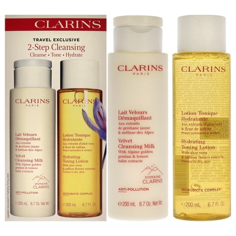 Clarins - Kit De Limpieza De 2 Pasos De Para Mujeres: 2 Piezas De Leche Limpiadora Aterciopelada De 6,7 Oz Y Loción Tonificante Hidratante De 6,7 Oz